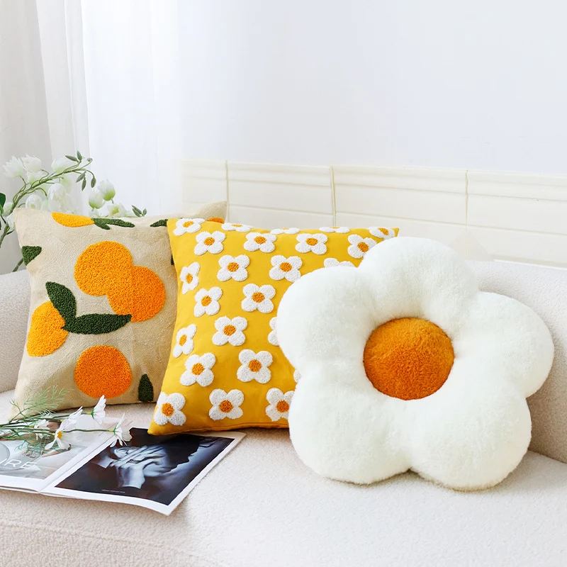 Square decorative cushion cover with hand-tufted citrus motif and textured fabric Stornfield