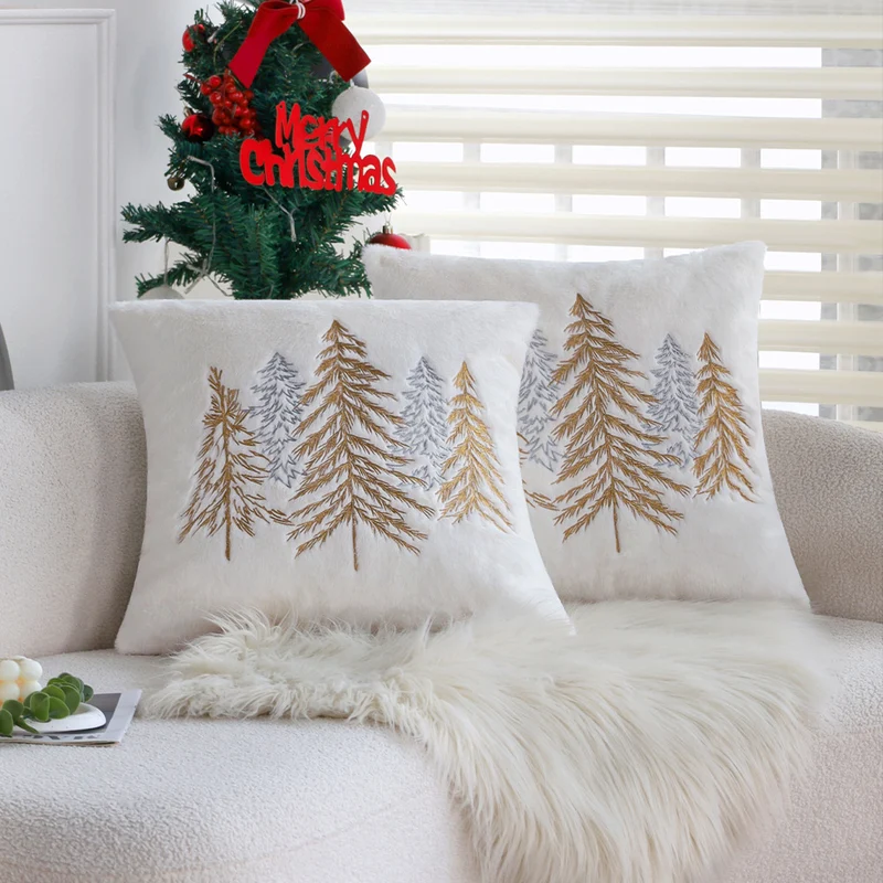 Square decorative cushion cover made of faux fur with embroidered Christmas tree motif Stornfield