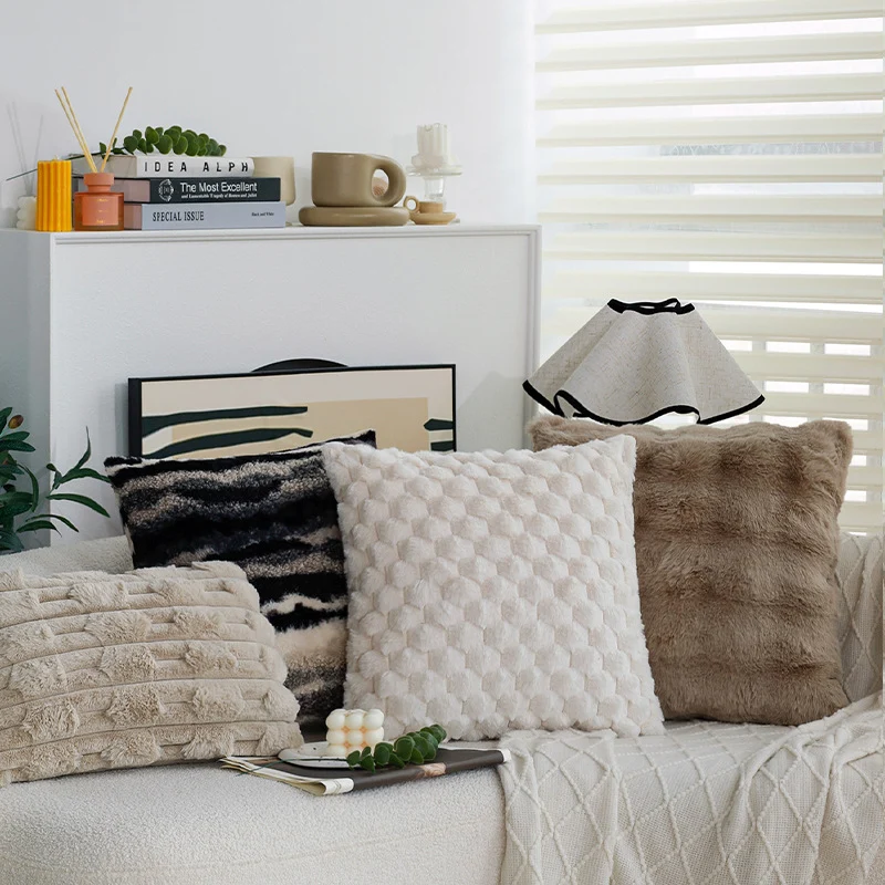 Square decorative pillow cover made of faux fur with raised honeycomb texture Stornfield