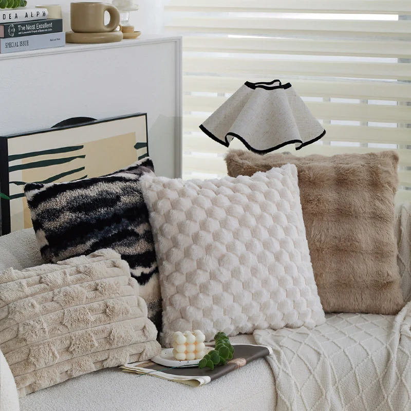 Square decorative pillow cover made of faux fur with raised honeycomb texture Stornfield