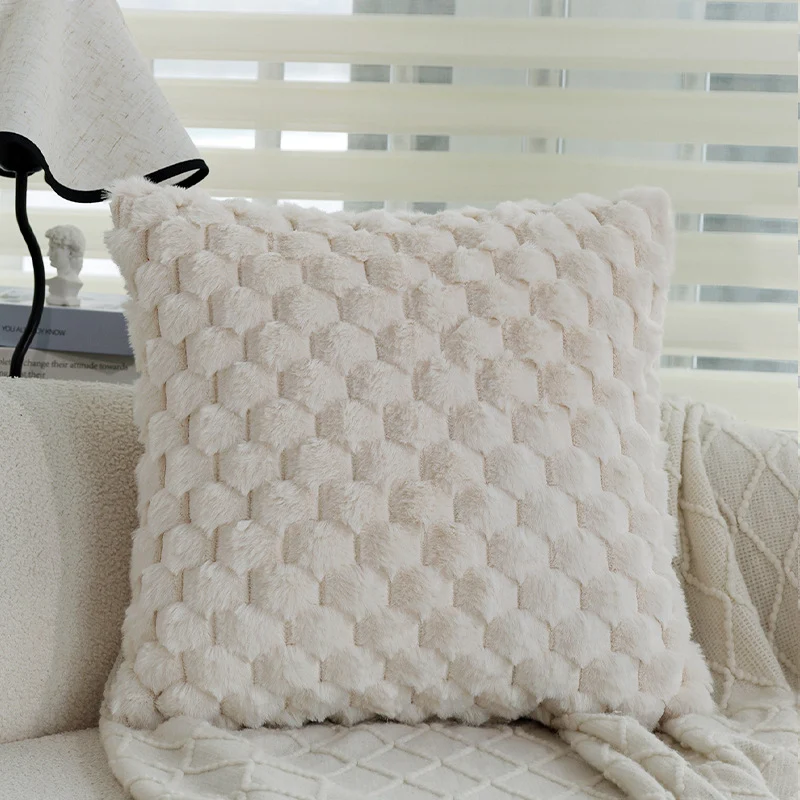 Square decorative pillow cover made of faux fur with raised honeycomb texture Stornfield