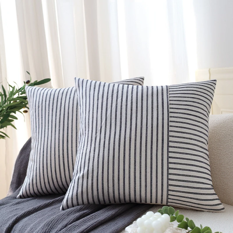 Square decorative pillow cover made of woven stripe pattern with two weaving directions and concealed zipper Stornfield