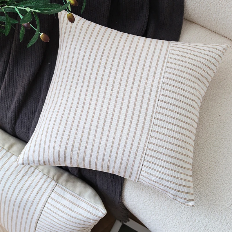 Square decorative pillow cover made of woven stripe pattern with two weaving directions and concealed zipper Stornfield