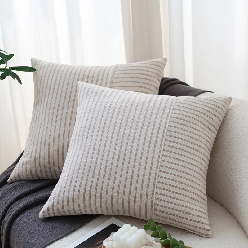 Square decorative pillow cover made of woven stripe pattern with two weaving directions and concealed zipper Stornfield