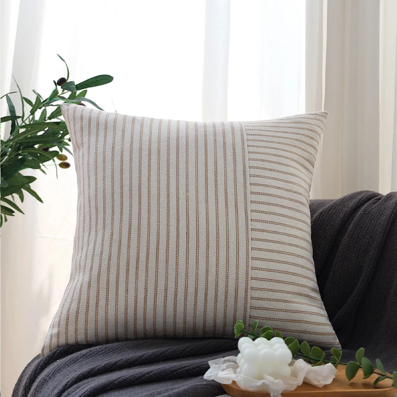Square decorative pillow cover made of woven stripe pattern with two weaving directions and concealed zipper Stornfield