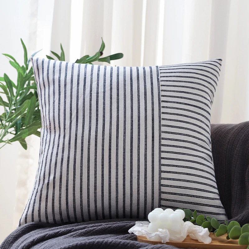 Square decorative pillow cover made of woven stripe pattern with two weaving directions and concealed zipper Stornfield