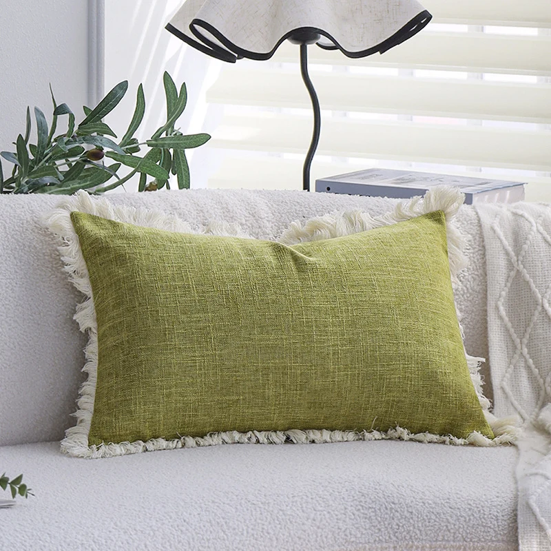Square decorative pillow cover made of cotton blend with relief rectangular tufts and fringed edge Stornfield