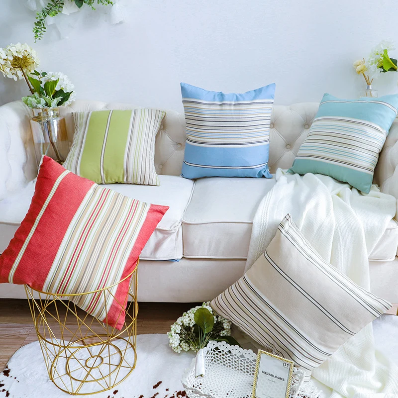 Square living room cushion cover in striped linen-cotton blend with fine texture and concealed zipper Stornfield