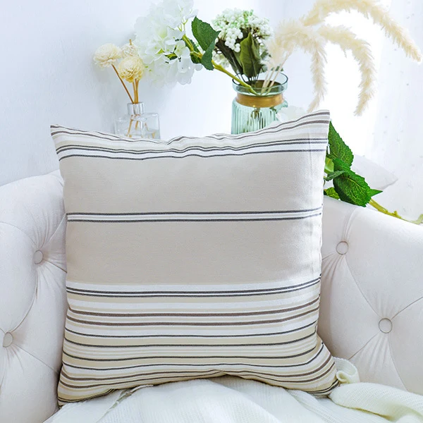 Square living room cushion cover in striped linen-cotton blend with fine texture and concealed zipper Stornfield