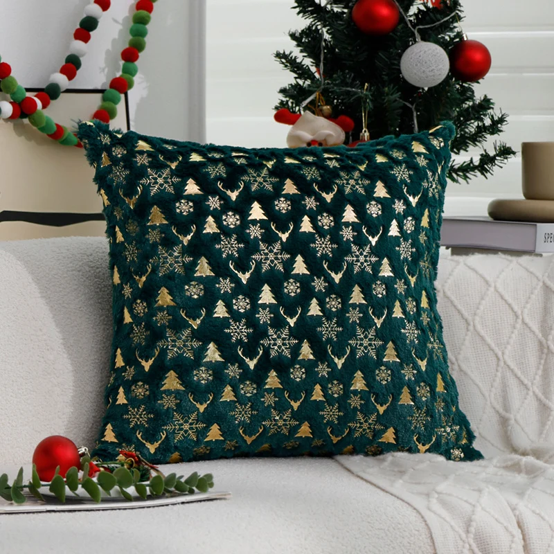 Square Christmas pillowcase made of velvet with deer, Christmas tree, and snowflake design Stornfield