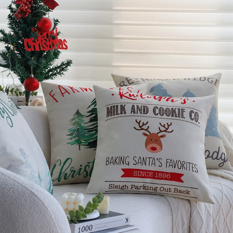 Square Christmas cushion cover with Rudolph print and cotton-linen look Stornfield