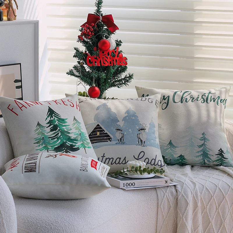 Square Christmas cushion cover with Rudolph print and cotton-linen look Stornfield