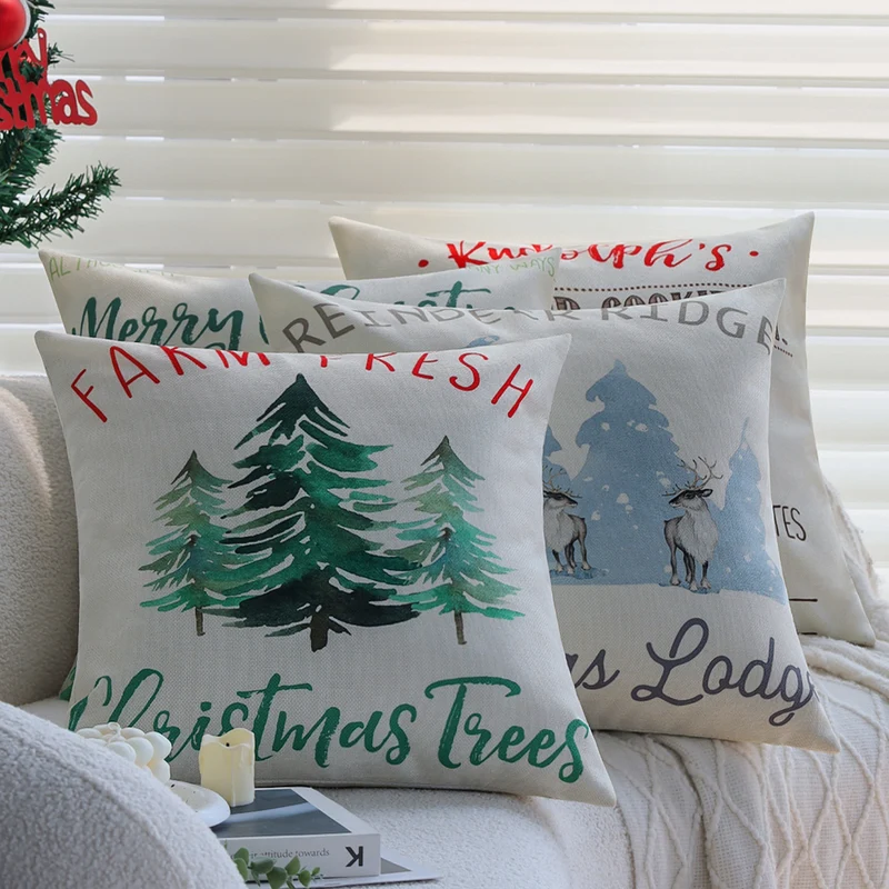 Square Christmas cushion cover with Rudolph print and cotton-linen look Stornfield