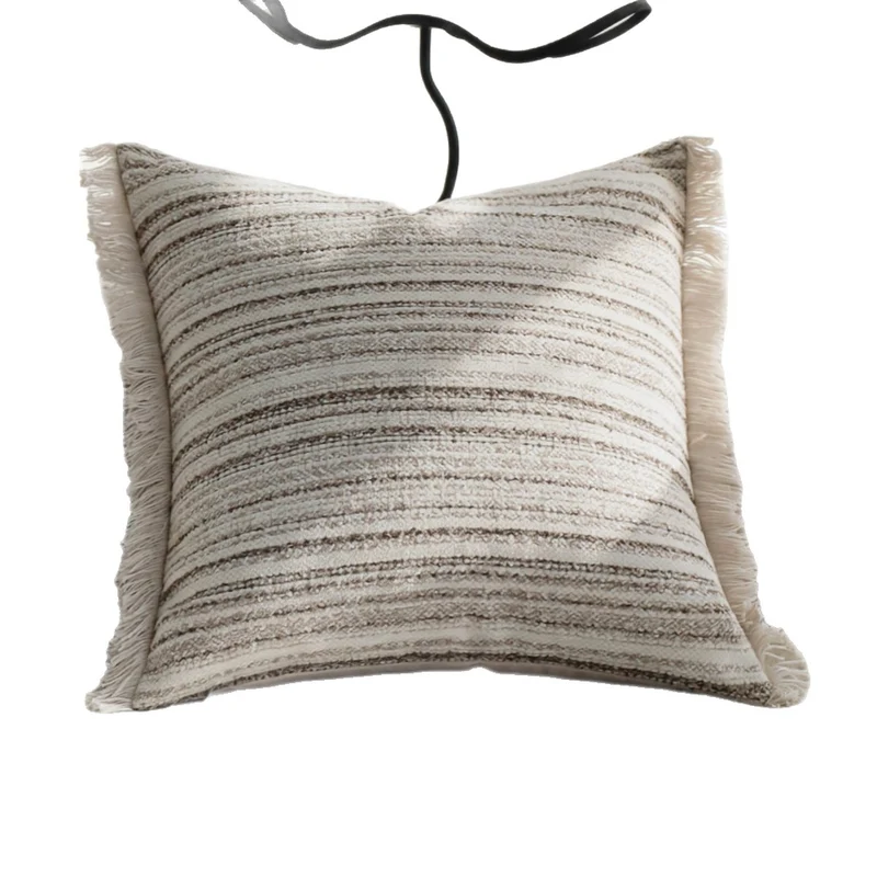 Square structure cushion cover made of cotton-linen with longitudinal stripes and fringed edge Stornfield
