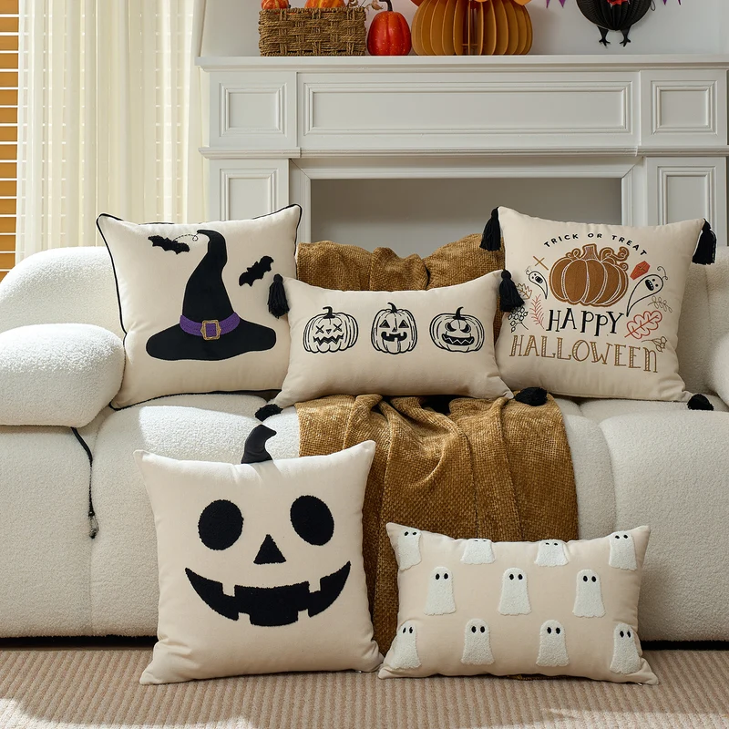 Gepolsterter Chenille Ghost Applikation Quadrat Kissenbezug mit verstecktem Reißverschluss