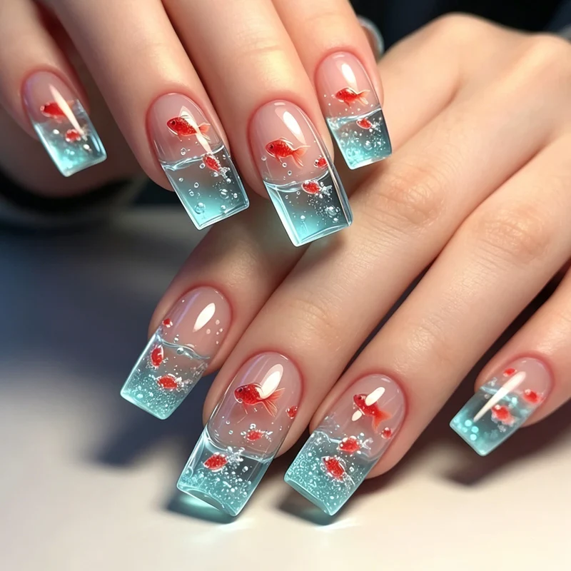 Artistic Aqua-Inspired Acrylic Nail Art Extensions Stornfield