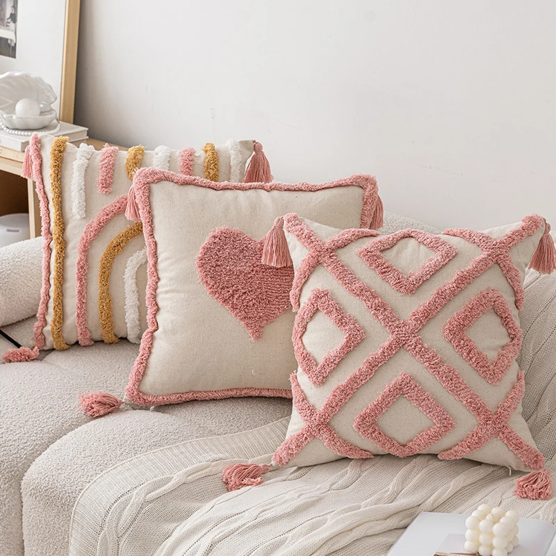 Square Boho decorative pillow cover with hand-tufted arch relief, cotton-linen blend and corner tassels Stornfield