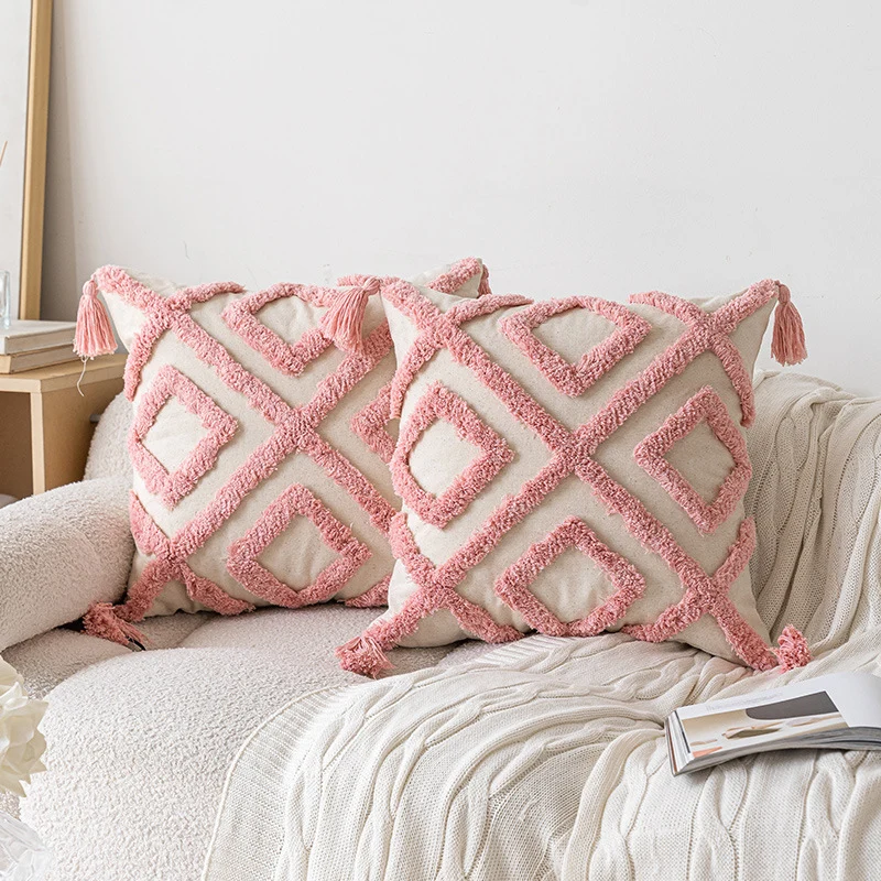 Square Boho decorative pillow cover with hand-tufted arch relief, cotton-linen blend and corner tassels Stornfield