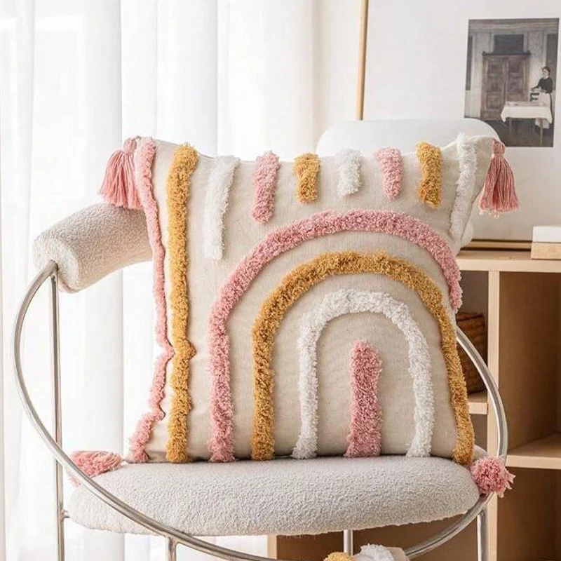 Square Boho decorative pillow cover with hand-tufted arch relief, cotton-linen blend and corner tassels Stornfield