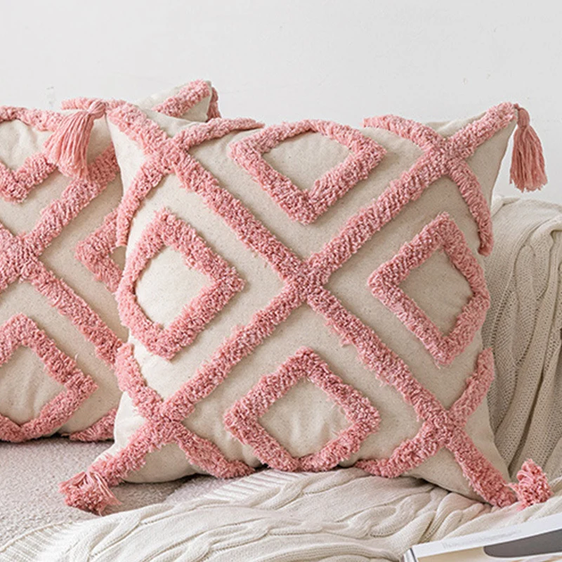 Square Boho decorative pillow cover with hand-tufted arch relief, cotton-linen blend and corner tassels Stornfield