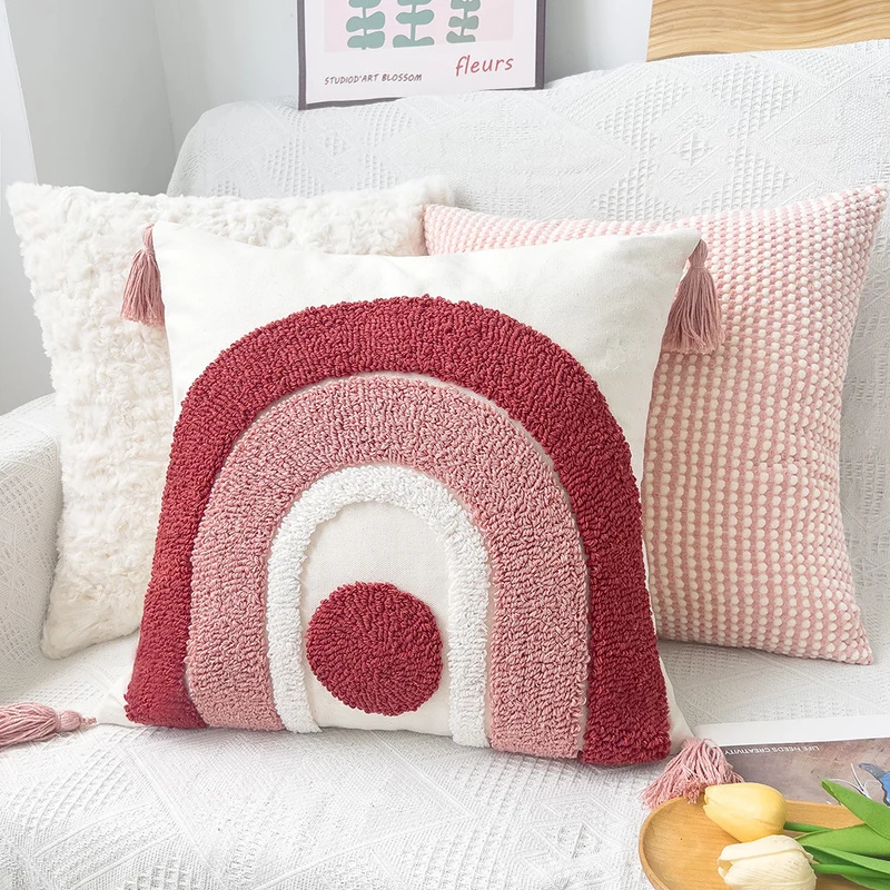Square Boho cushion cover with hand-tufted rainbow relief, corner tassels and cotton-linen mix Stornfield