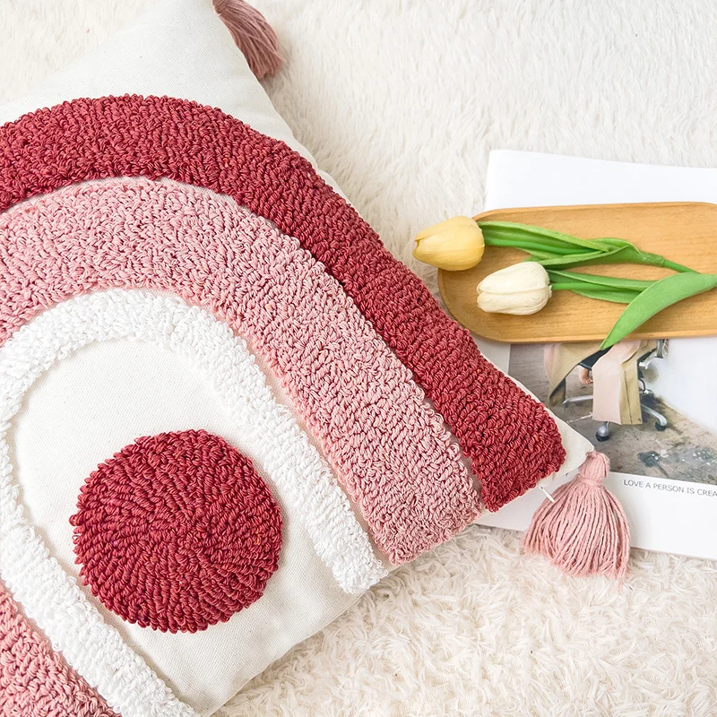 Square Boho cushion cover with hand-tufted rainbow relief, corner tassels and cotton-linen mix Stornfield