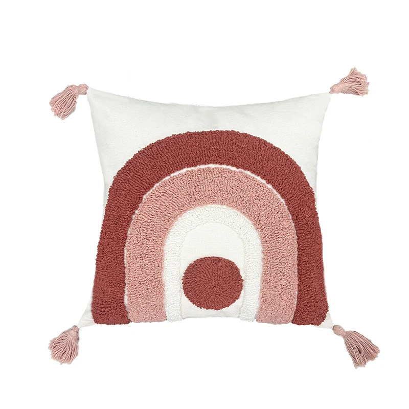 Square Boho cushion cover with hand-tufted rainbow relief, corner tassels and cotton-linen mix Stornfield