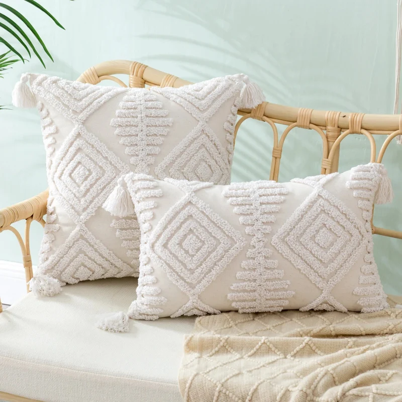 Square Boho pillow cover with hand-tufted diamond tufting, high-pile chenille relief, and corner tassels Stornfield