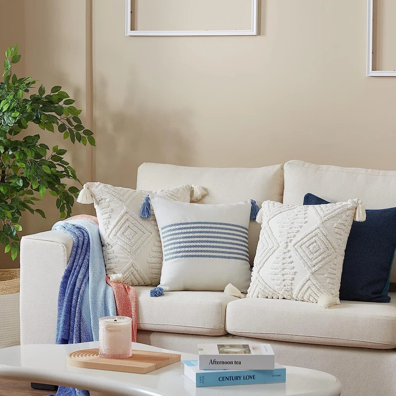 Square Boho pillow cover with hand-tufted diamond tufting, high-pile chenille relief, and corner tassels Stornfield
