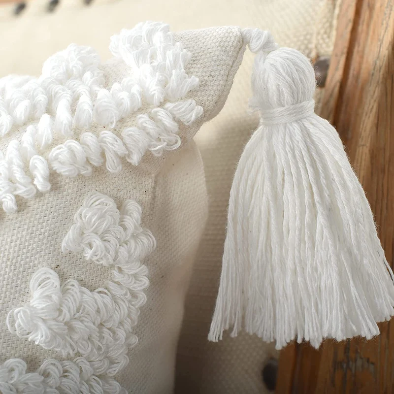 Square Boho pillow cover with hand-tufted diamond tufting, high-pile chenille relief, and corner tassels Stornfield