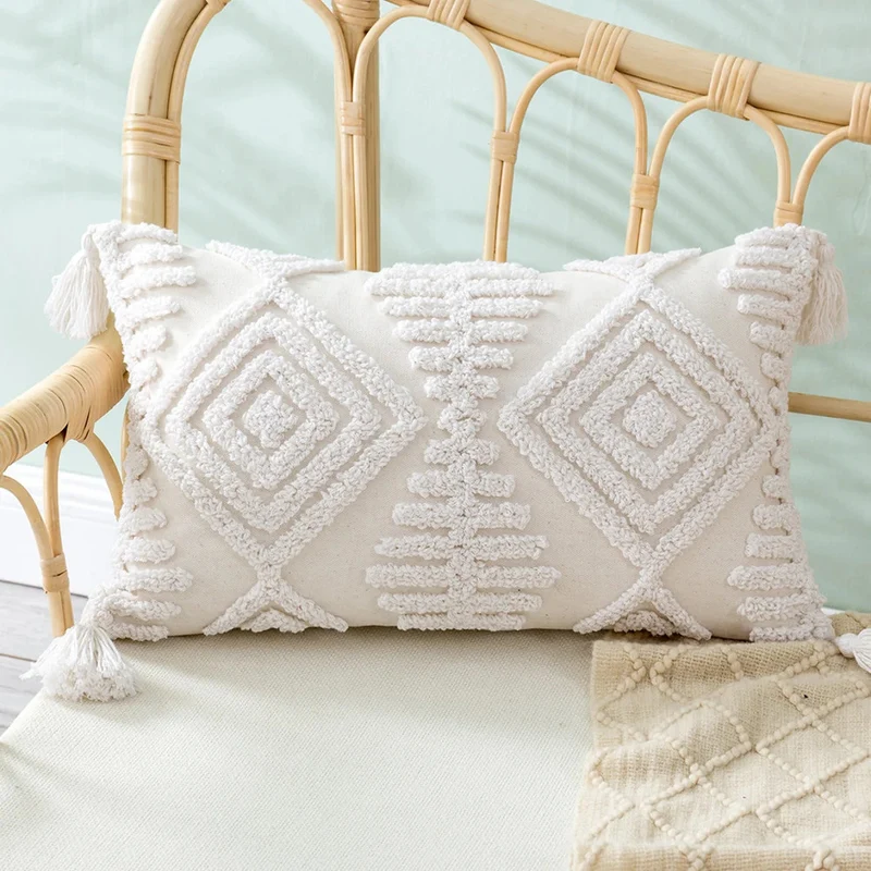 Square Boho pillow cover with hand-tufted diamond tufting, high-pile chenille relief, and corner tassels Stornfield