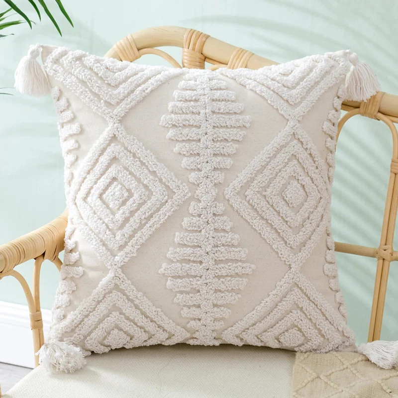 Square Boho pillow cover with hand-tufted diamond tufting, high-pile chenille relief, and corner tassels Stornfield