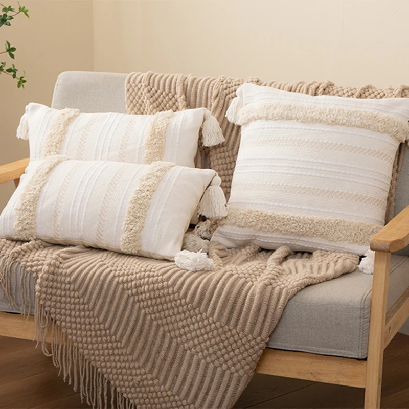 Square Boho cushion cover with handwoven texture, chenille borders, and corner tassels Stornfield