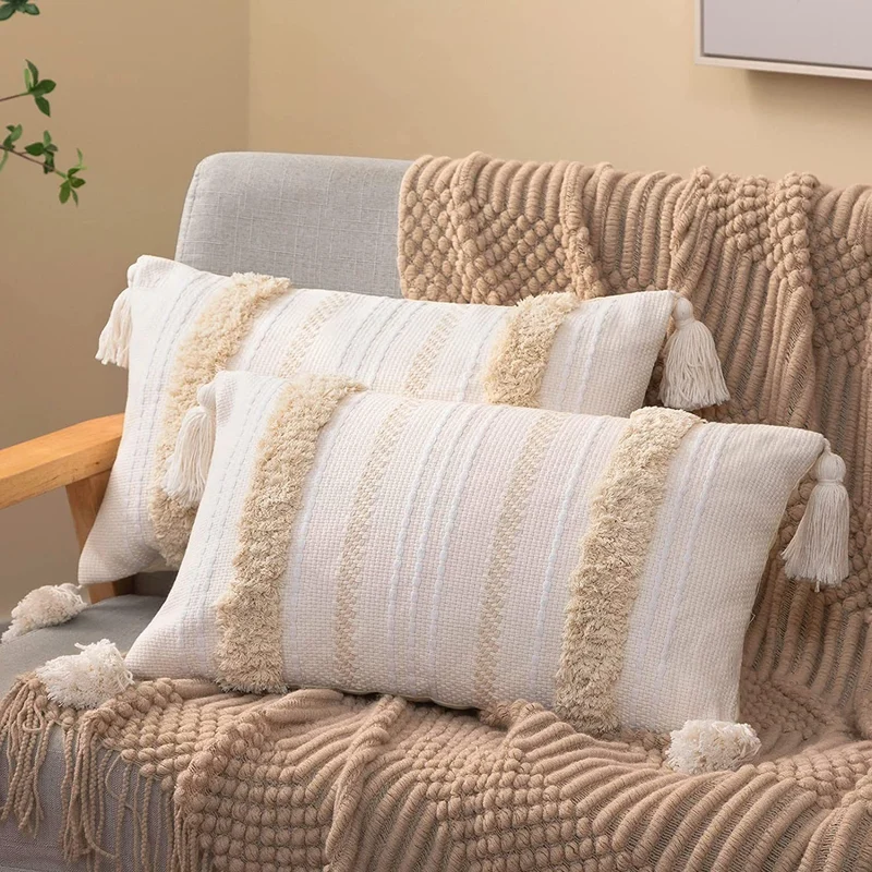 Square Boho cushion cover with handwoven texture, chenille borders, and corner tassels Stornfield