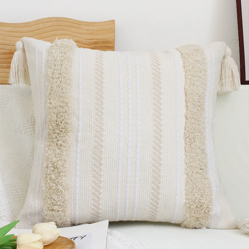 Square Boho cushion cover with handwoven texture, chenille borders, and corner tassels Stornfield