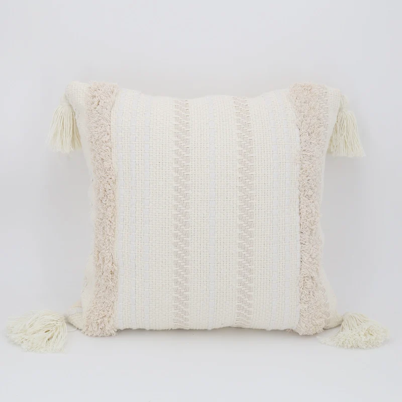 Square Boho cushion cover with handwoven texture, chenille borders, and corner tassels Stornfield