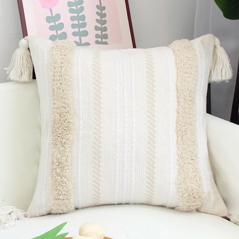 Square Boho cushion cover with handwoven texture, chenille borders, and corner tassels Stornfield