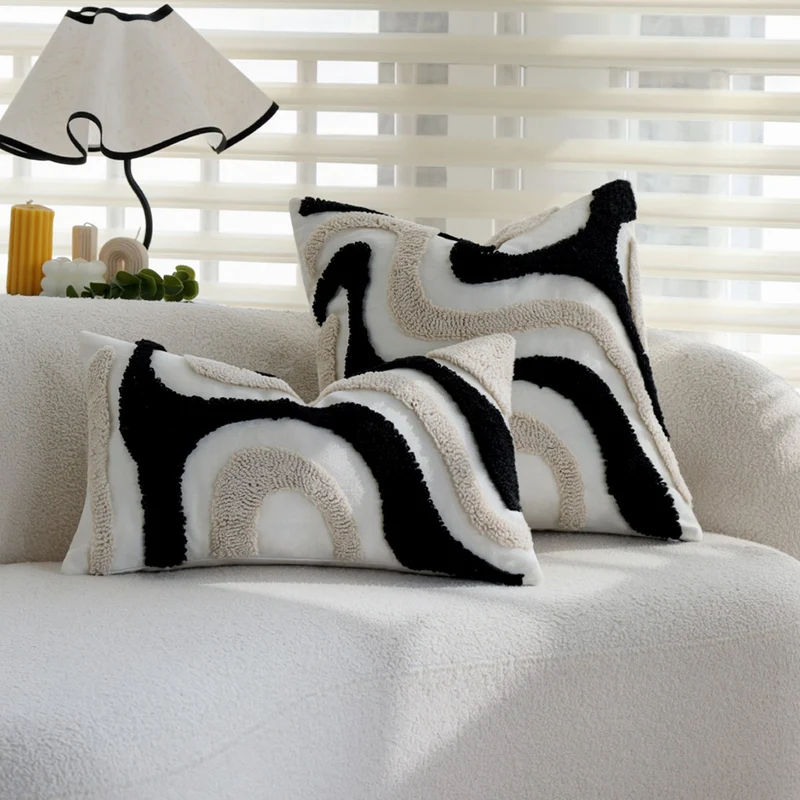 Square Boho cushion cover with diagonal teddy relief, fringes, and corner tassels Stornfield