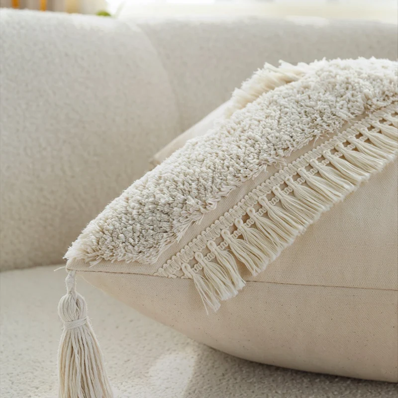 Square Boho cushion cover with diagonal teddy relief, fringes, and corner tassels Stornfield