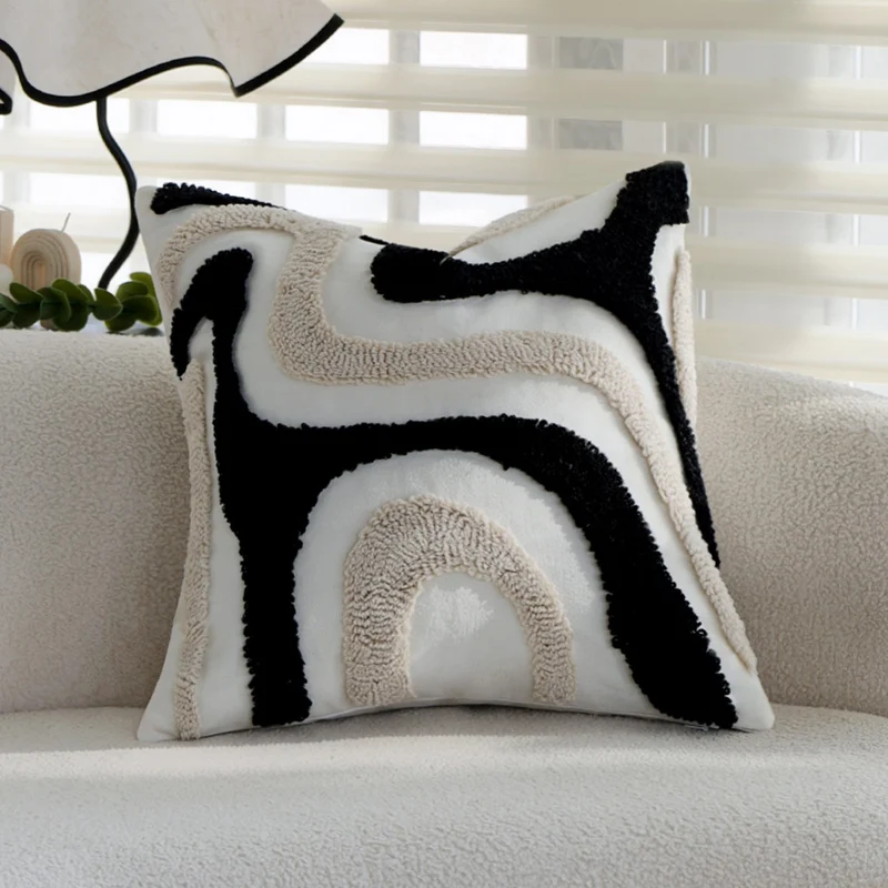 Square Boho cushion cover with diagonal teddy relief, fringes, and corner tassels Stornfield