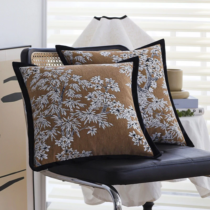 Square embroidered cushion cover made of cotton-linen blend with floral jacquard texture and velvet piping Stornfield