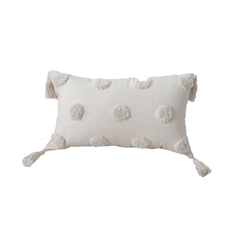 Square cotton-linen cushion cover with 3D pompom tufting and corner tassels Stornfield
