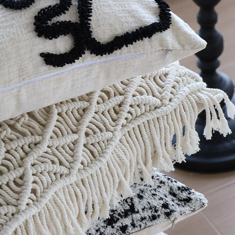 Macramé Decorative Cushion with Fringes and Hand-Knotted Structure Pattern Stornfield