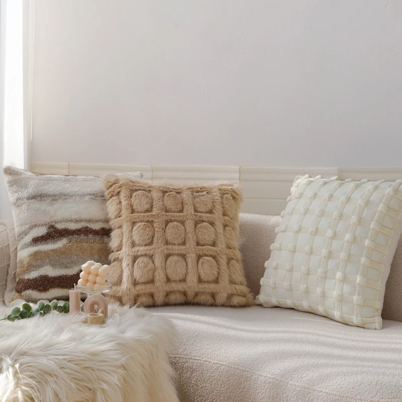 Cozy decorative sofa cushion with faux fur surface and quilted texture pattern Stornfield