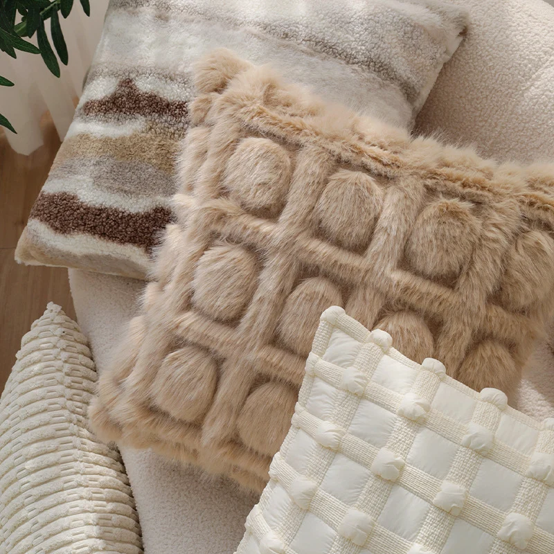 Cozy decorative sofa cushion with faux fur surface and quilted texture pattern Stornfield