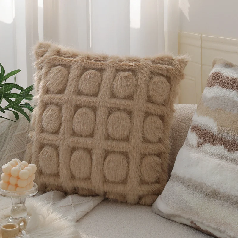 Cozy decorative sofa cushion with faux fur surface and quilted texture pattern Stornfield