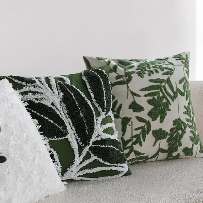 Cushion cover with tufted leaf relief and tassels Stornfield