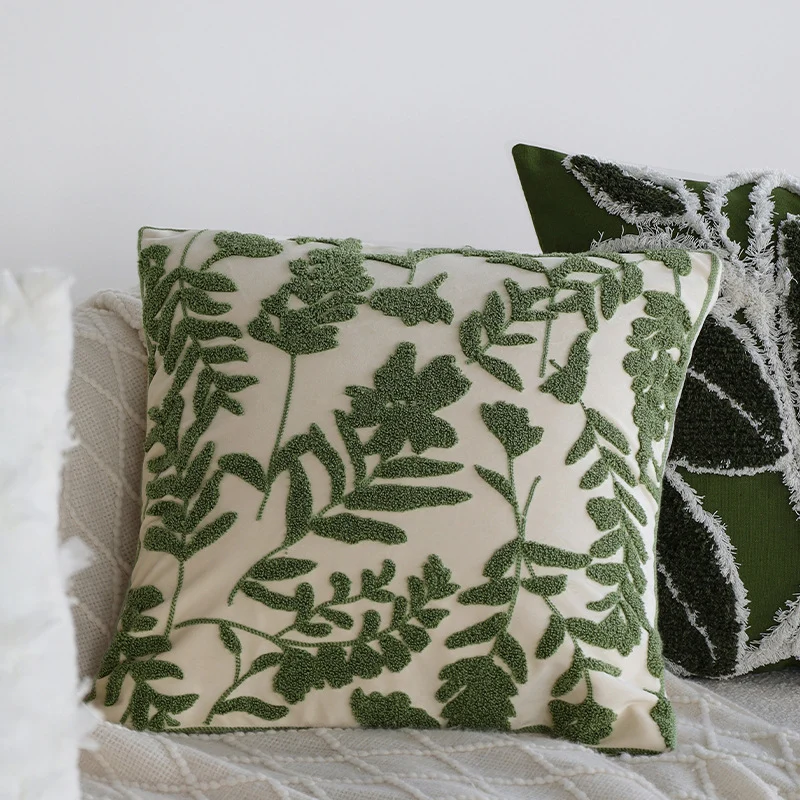 Cushion cover with tufted leaf relief and tassels Stornfield