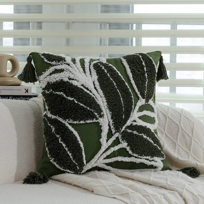 Cushion cover with tufted leaf relief and tassels Stornfield
