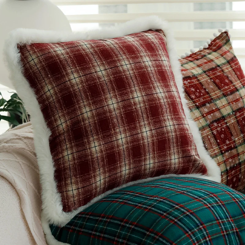 Checked flannel decorative pillow cover with teddy trim and concealed zipper Stornfield